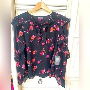 NWT-Vince Camuto Blouse - Size S -‎ Black w/ Pink & Orange Flowers, ruffles